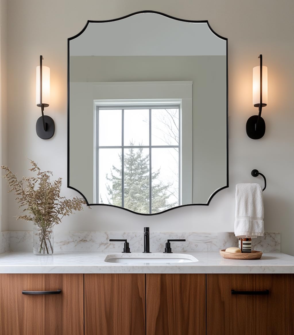 ANDY STAR Bathroom Mirror, 28x36 Inch Matte Black Vanity Mirror, Unique Rectangle Mirror with Sophisticated Curved Design, Ideal for Bathroom Remodel (Vertical or Horizontal)