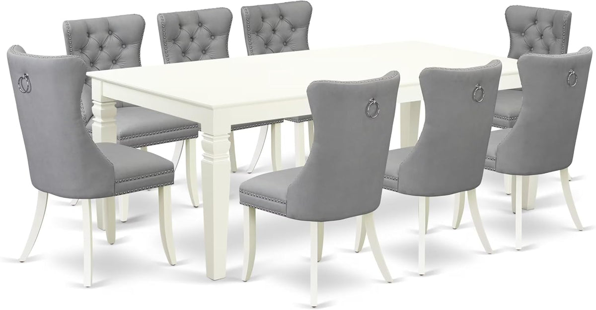 East West Furniture LGDA9-LWH-27 9 Piece Dining Room Set Includes a Rectangle Kitchen Table with Butterfly Leaf and 8 Polyester Fabric Upholstered Chairs, 42x84 Inch, linen white