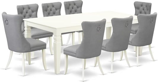 East West Furniture LGDA9-LWH-27 9 Piece Dining Room Set Includes a Rectangle Kitchen Table with Butterfly Leaf and 8 Polyester Fabric Upholstered Chairs, 42x84 Inch, linen white