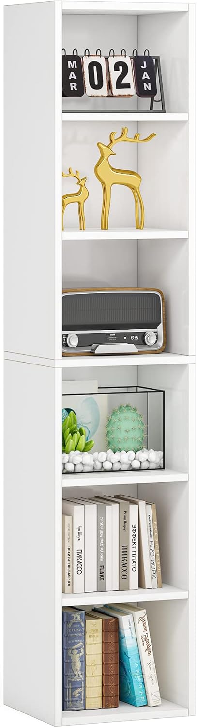 LITTLE TREE 70.9 Inch Tall Narrow Bookcase, Corner Bookshelf 6 Tier Cube Display Shelf Storage Organizer for Small Space, White