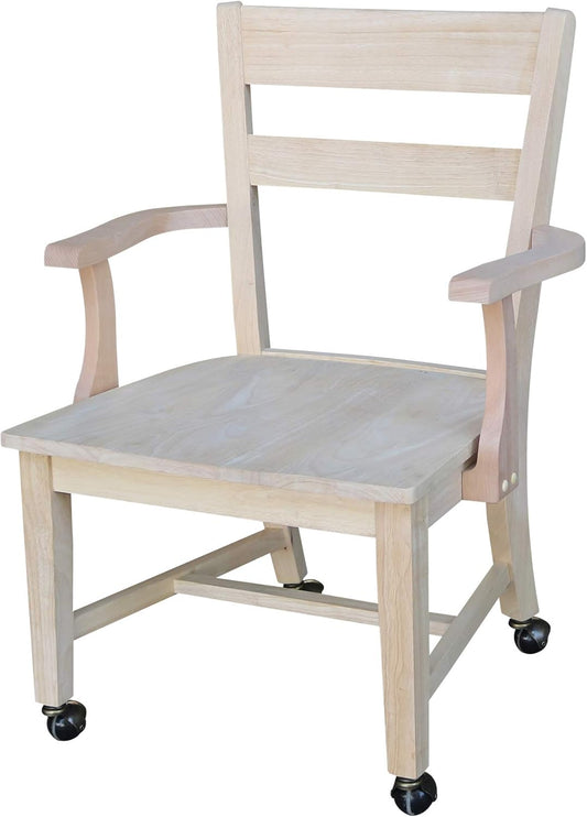IC International Concepts Dining Chair with Casters, 225lbs wt Capacity, Solid Real Wood, Sturdy Parawood, 24.4"W x 22"D x 35"H, DIY, Paint/Stain Ready, Unfinished
