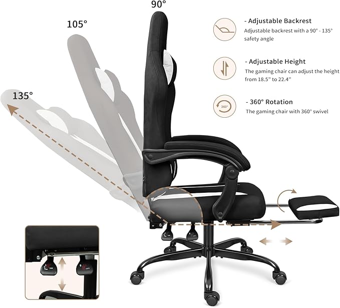 Breathable Fabric Gaming Chair with Footrest, Height Adjustable Game Chair, Video Gaming Chair for Gaming Room, Living Room and Office - Black/White