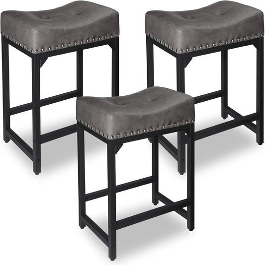 Counter Height Bar Stools Set of 3, Stools for Kitchen Island Set of 3, 24 Inch Counter Stool Saddle Backless Barstools for Kitchen Counter -Grey