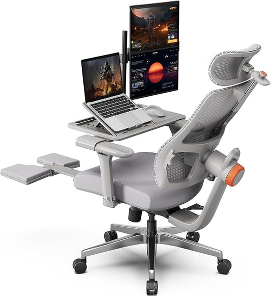 Newtral Ergonomic Office Chair-Home Office Desk Chair with Footrest, Auto-Following Backrest & Headrest, 4D Armrests, 96°-136° Recline (Gray, with Laptop Table)
