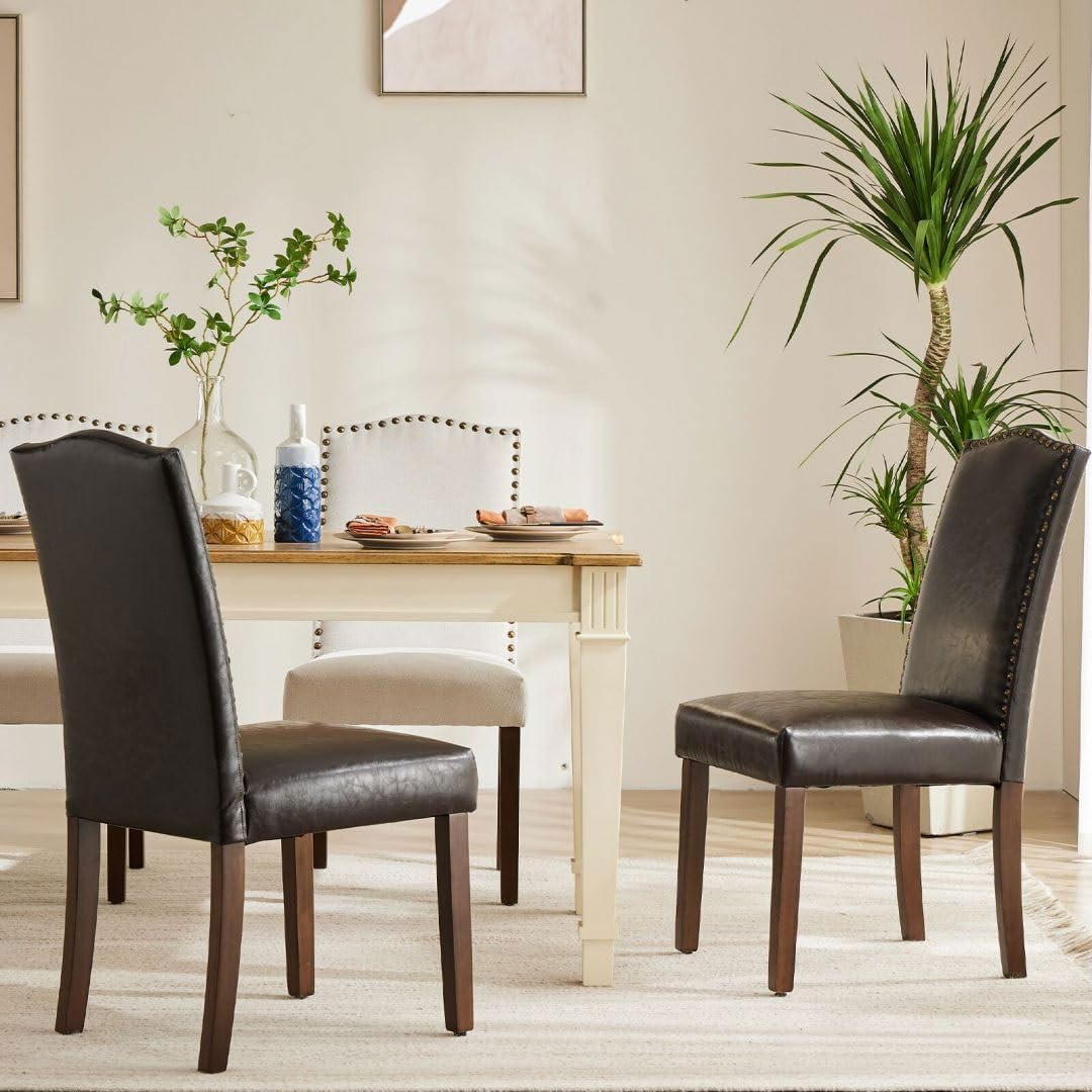Kitchen Chairs Set of 4 Modern Upholstered Fabric Seat with Nailhead Trim and Ergonomic Lumbar Support for Living Room and Rustic Farmhouse Dining Area, Dark Brown