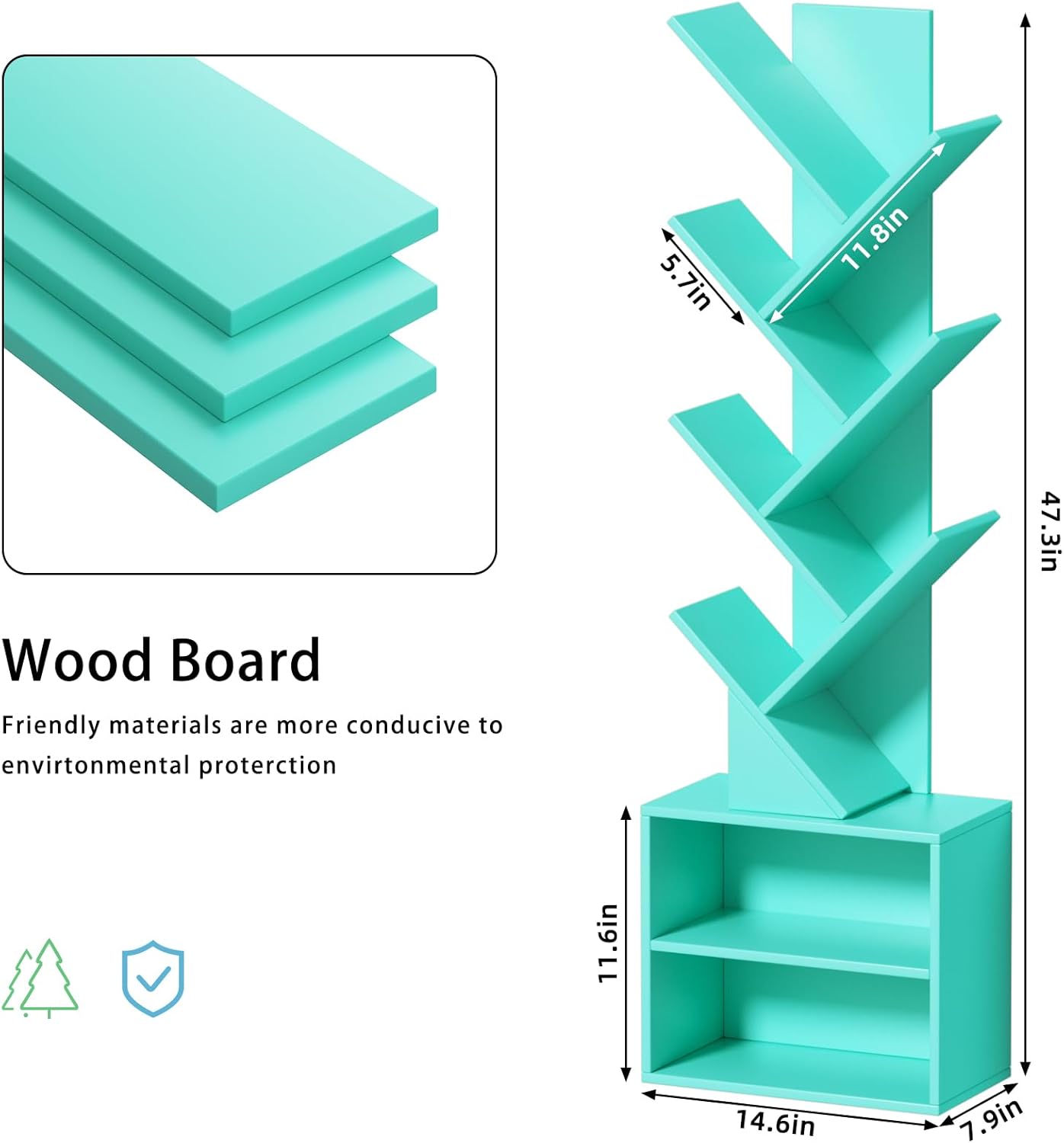 10 Tier Tree Bookshelf,Floor Standing Wood Tall Bookcase for Narrow Space, Storage Organizer Bookshelves for Books, Book Case for CDs/Movies/Books,Home Office,Living Room, Bedroom