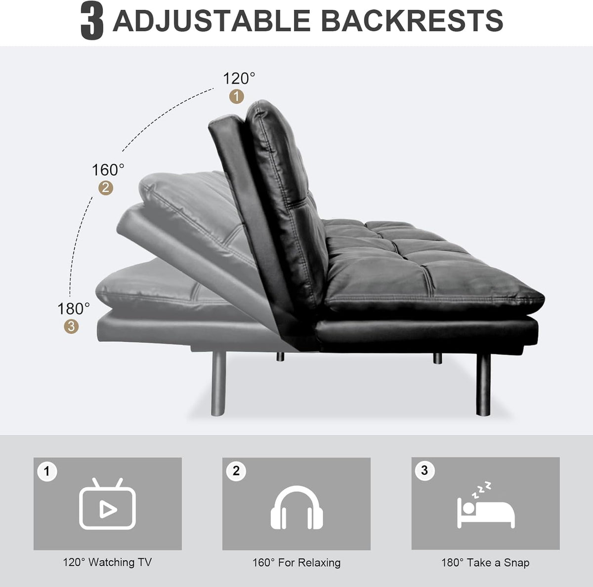 Vipbear Futon Sofa Bed Couch, 71" Convertible Sofa Bed, Space-Saving Loveseat with Adjustable Backrest & Armrest for Living Room,Apartment,Office,Matte Black Sleeper Sofa