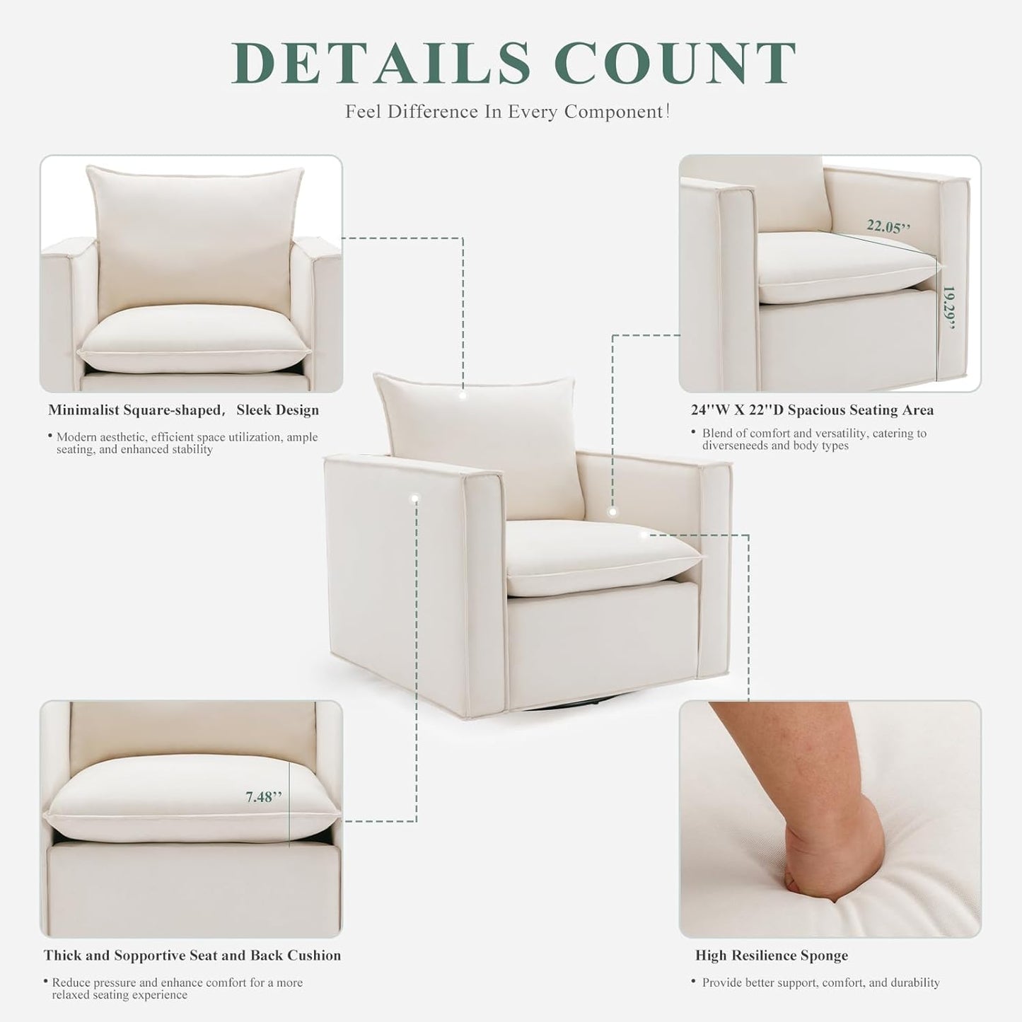 COLAMY Swivel Accent Chair, 34 Inches Wide Upholstered Arm Chair with Plump Back Pillow, Modern Sofa Living Room Chair for Bedroom, Corner, Reading Nook-Beige