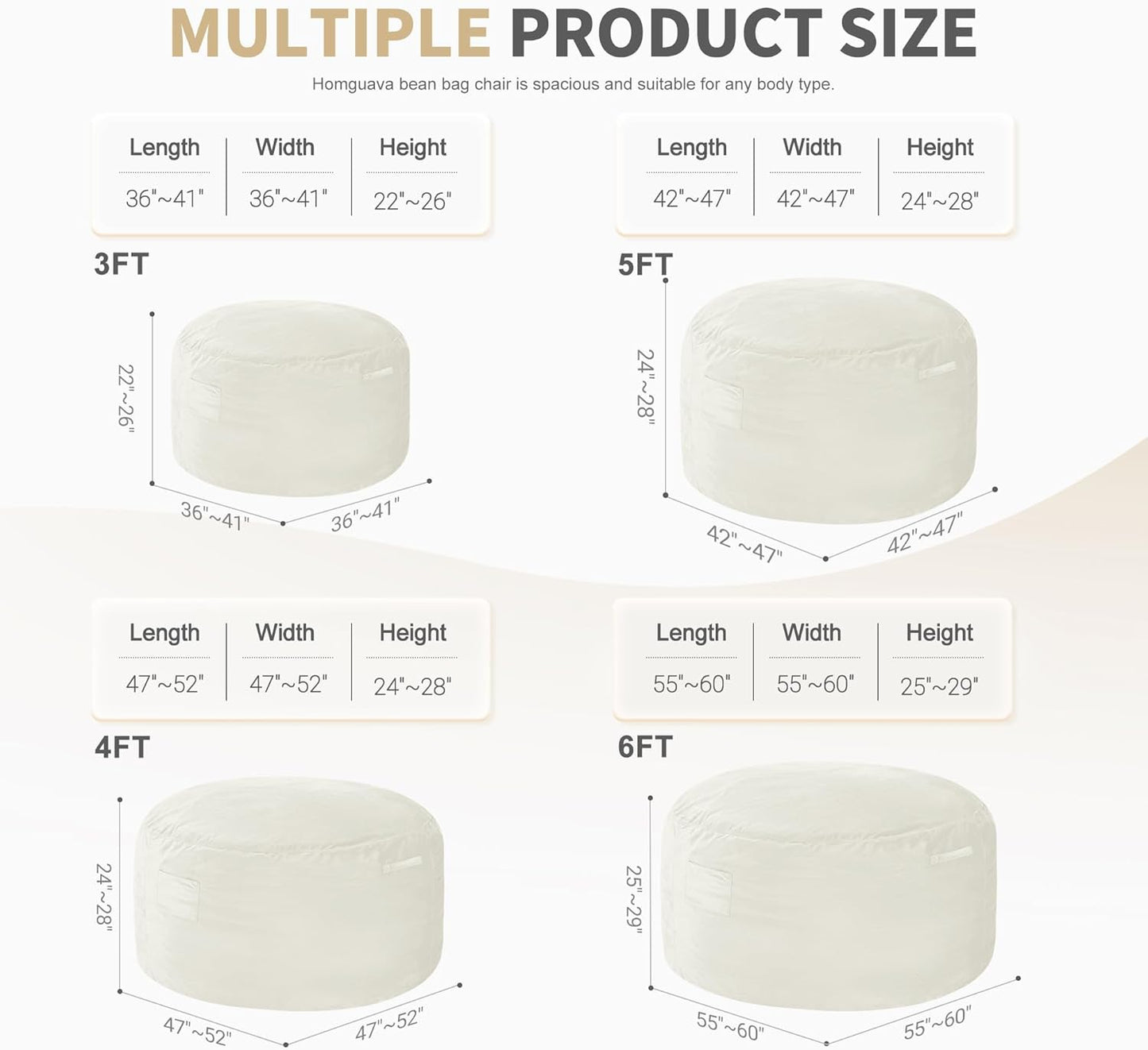 Homguava 6 FT Bean Bag Chair: 6' Bean Bags with Memory Foam Filled, Large Beanbag Chairs Soft Sofa with Dutch Velvet Cover-Beige