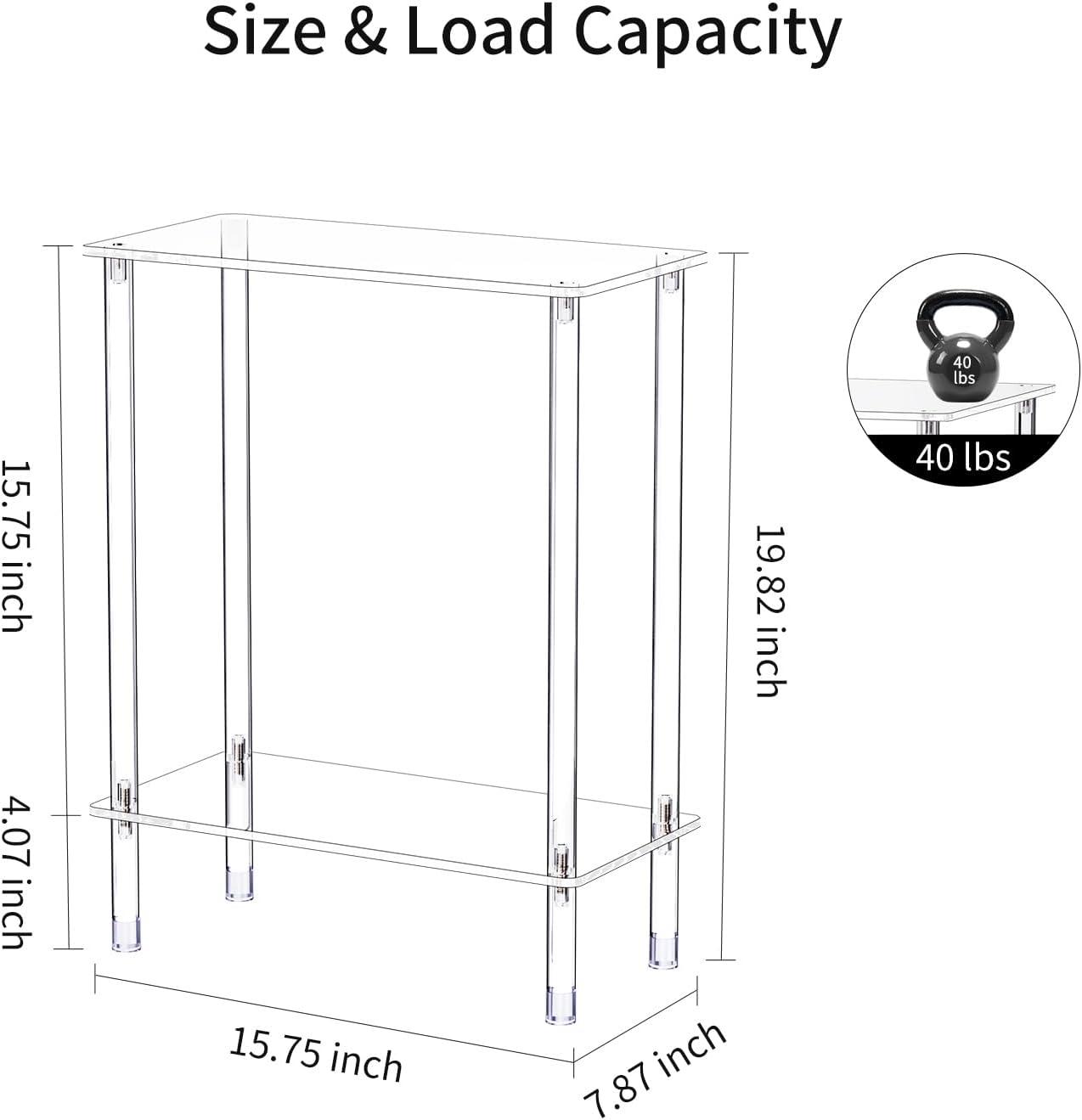 Clear Acrylic Narrow Side Table Set of 2 for Small Spaces, 15.75" L x 7.87" W x 19.82" H, 2 Tier Rectangle Slim End Table Nightstand, Small Bedside Table for Bedroom, Bathroom, Living Room