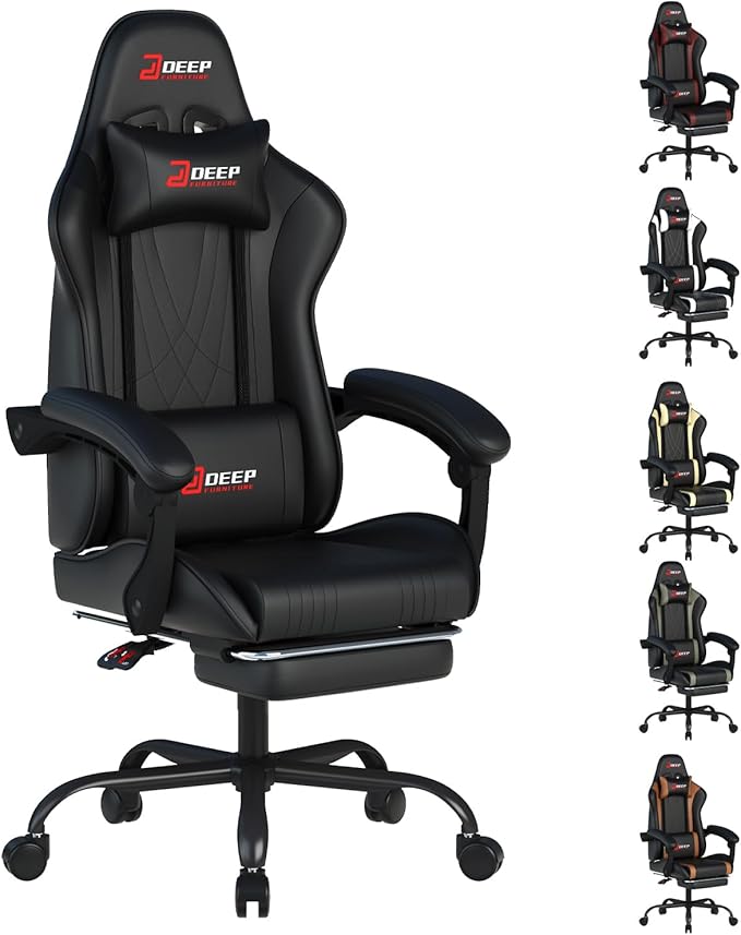 Ergonomic Gaming Chair with Footrest and Lumbar Massage, Racing Office Chair, High Back Computer Desk Chair with Headrest Pillow for Adults, Video Game Chair for PC Gamer (1001-Black)