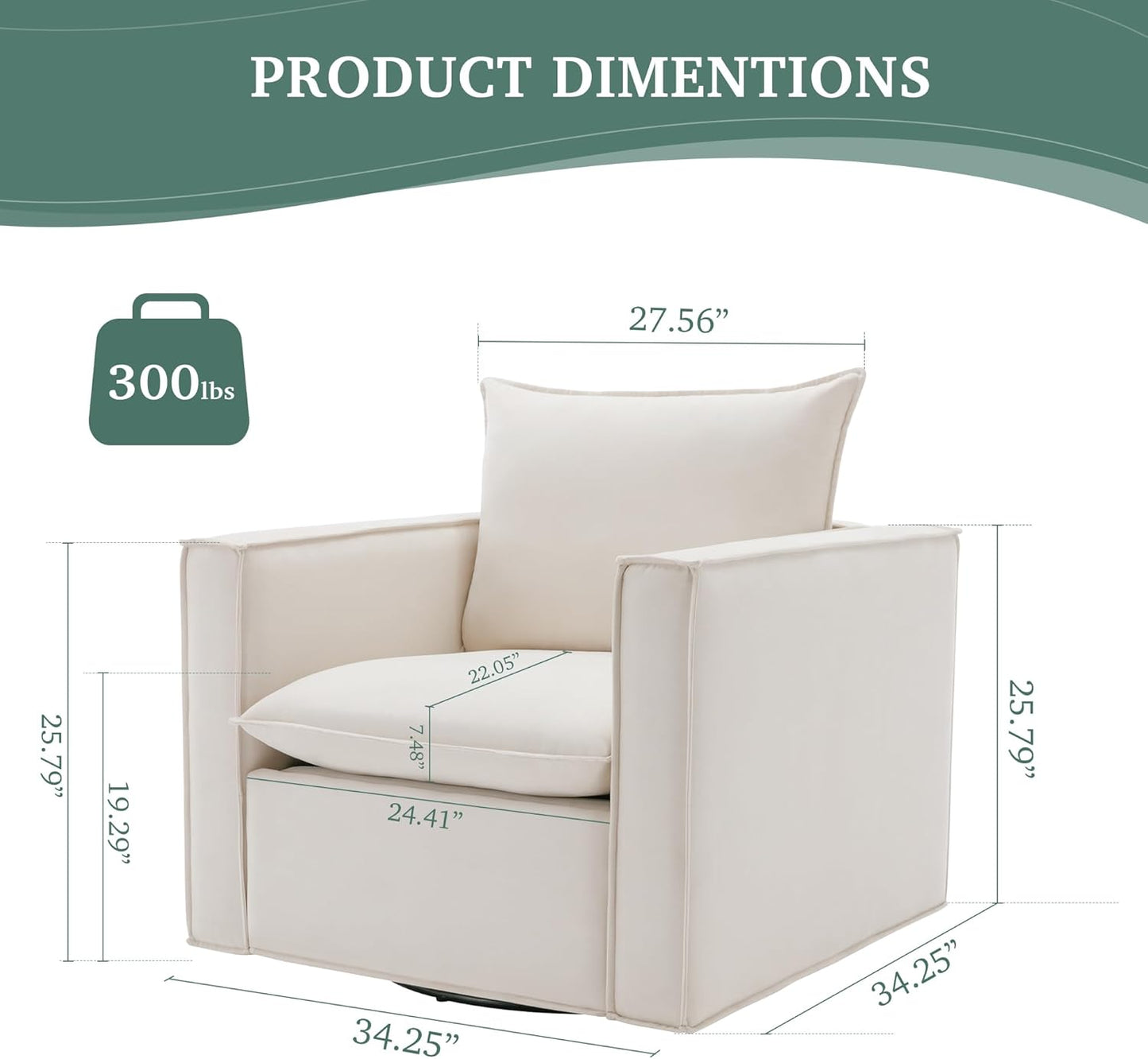 Swivel Accent Chair Set of 2,34'' Wide Upholstered Arm Chair with Plump Back Pillow, Modern Sofa Living Room Chair for Bedroom, Corner, Reading Nook-Classic Beige