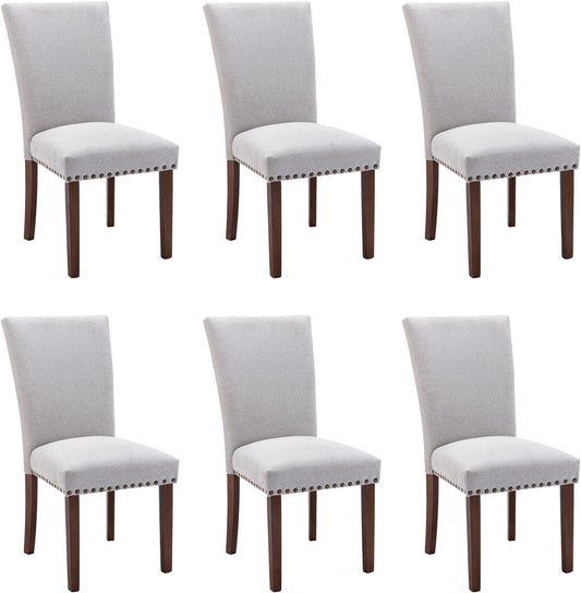 COLAMY Parsons Dining Chairs Set of 6, Upholstered Fabric Dining Room Kitchen Chair with Nailhead Trim and Wood Legs - Light Grey