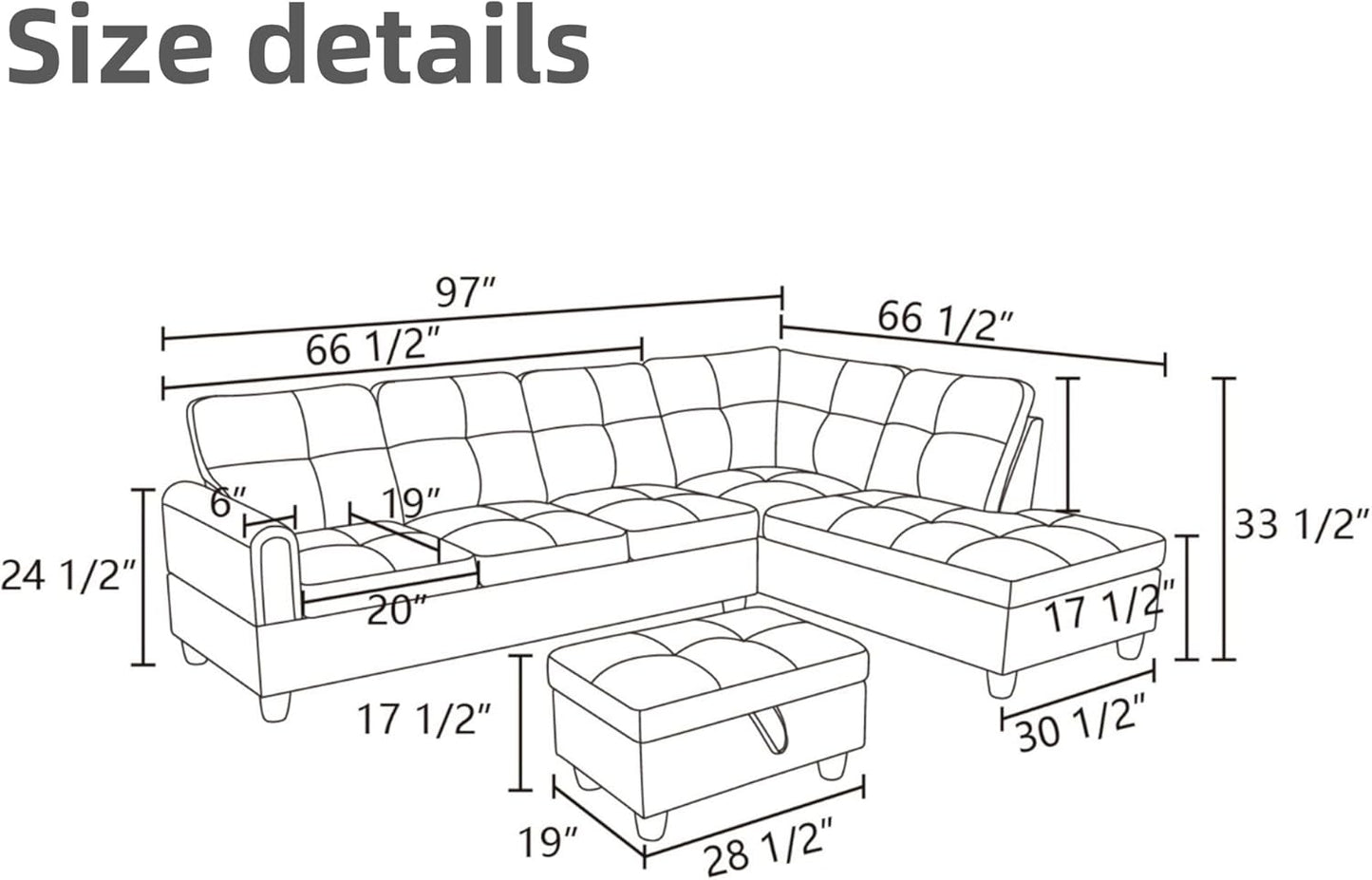 L Shaped Sectional Couches for Living Room, Modern Modular Sectional Sofa with Ottoman Storage, Comfy L Shaped Couch with Chaise for Bedroom Apartment Furniture, Gray
