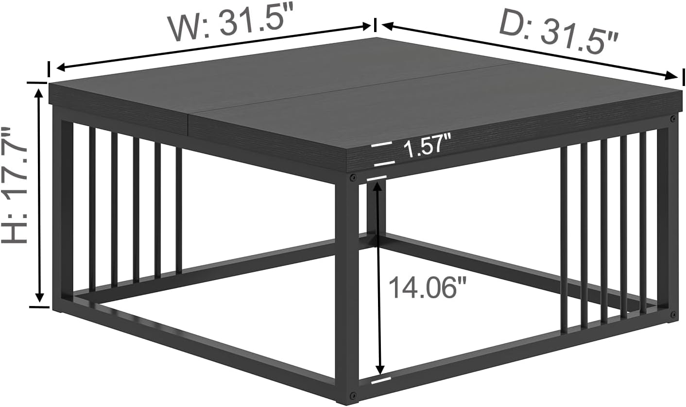 FOLUBAN Black Coffee Table, Modern Square Center Table for Living Room, Industrial Rustic Wood and Metal Cocktail Tea Table, 31.5 Inch