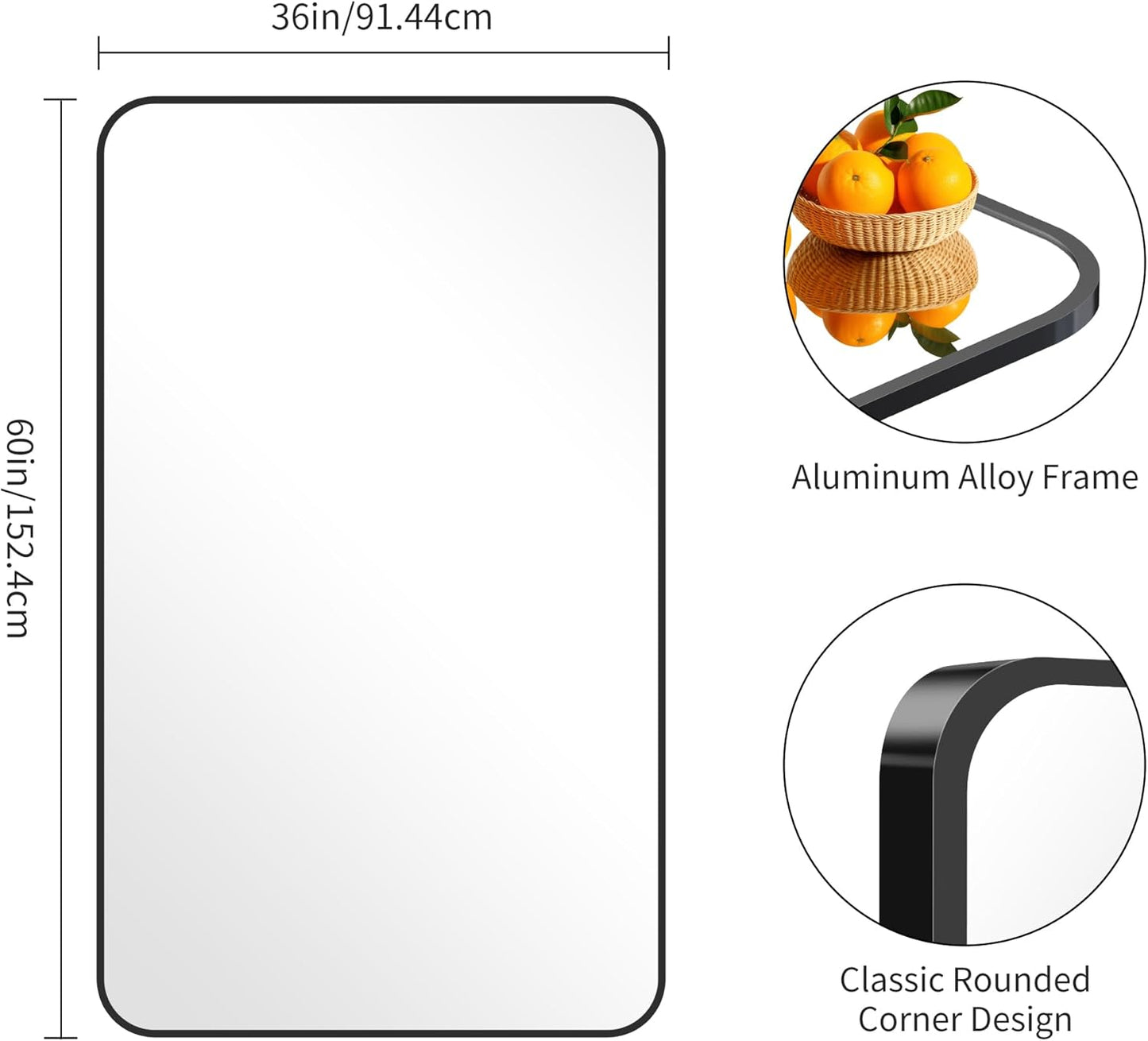 FORBATH Large Bathroom Mirror 60x36 Inches, Black Oversized Wall Mirror for 2 Sinks Aluminum Frame Wall Mounted Rounded Corner Morndern Mirror for Bathroom Bedroom Entryway Living Room