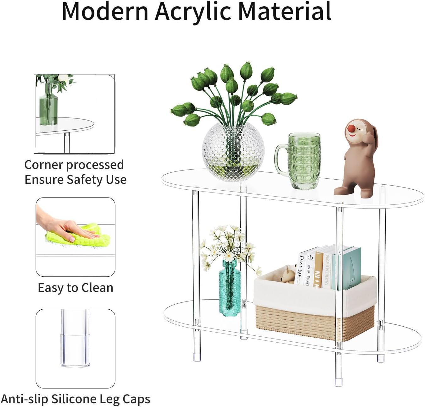Clear Acrylic Console Table, 31.5" L x 11.8" W x 20" H, 2 Tier Oval Small Transparent Storage shelf Side End Sofa Entry Entryway Table for Sofa, Foyer, Hallway, Living Room