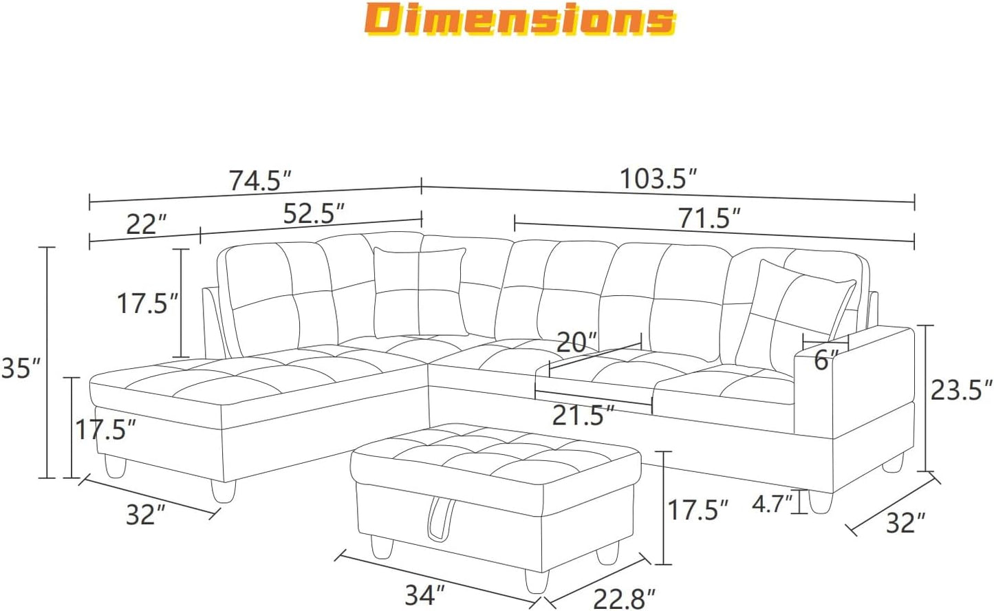 L Shaped Sectional Couch with Otttoman, 97" Leather Sectional Sofa for Living Room Modular Couches with Cup Holders for Bedroom, Apartments, Light Grey