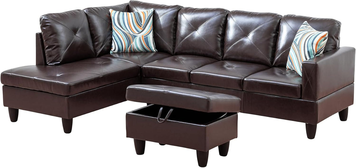 L Shaped Couch Faux Leather Sectional Couch Upholstered 3 Pieces Sofas for Living Room with Chaise, Storage Ottoman for Office and Small Apartment, Brown