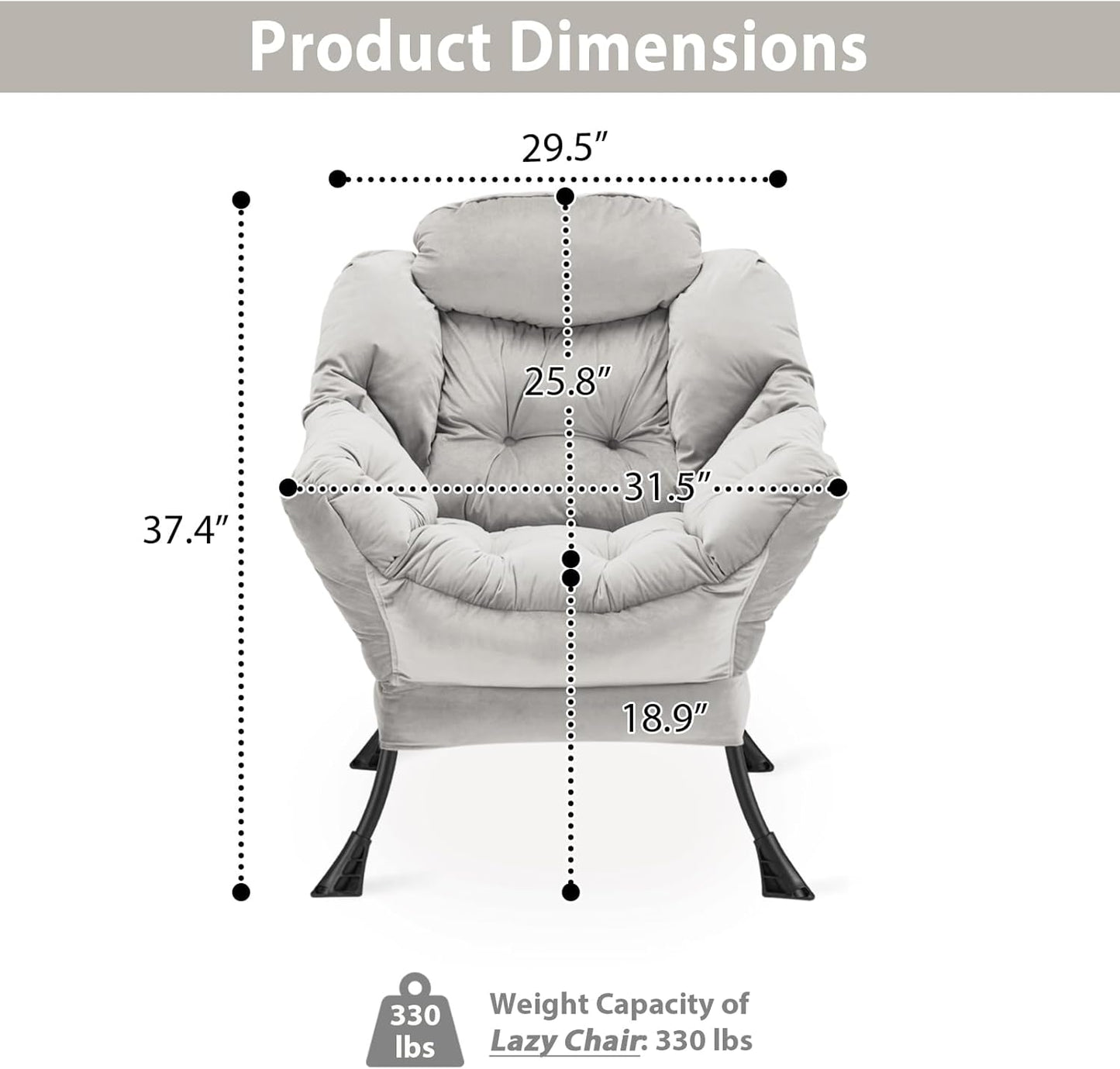 Lazy Chair Thick Padded, Comfy Velvet Accent Lounge Chair with Stable Frame, Leisure Sofa Armchair with Armrests and Side Pocket, Reading Chair for Bedroom, Living Room, Office, Light Gray