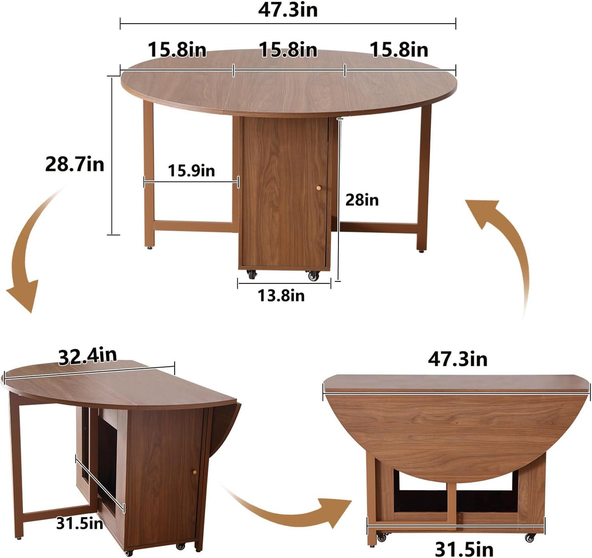 47.3" Round Folding Dining Table for 4-8, Wood Kitchen Foldable Table Large Drop Leaf Dinner Table with Storage Shelf Metal Legs for Home Dining Room Living Room in Walnut