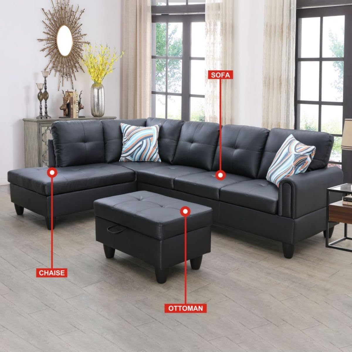 Black White L-Shaped 3-Piece Faux Leather Sofa with Storage Ottoman Set, Sectional Couch Sofa Set for Living Room, Office, Small Space