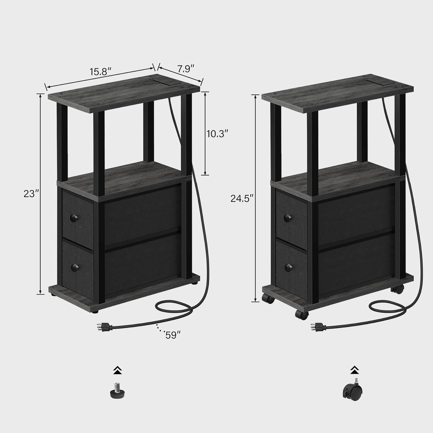 TUTOTAK Small Narrow End Tables, Side Tables with 2 Fabric Drawers, Set of 2, Bedside Tables with Charging Station for Small Spaces, Slim Nightstands with USB Ports and Wheels, TB01BY053