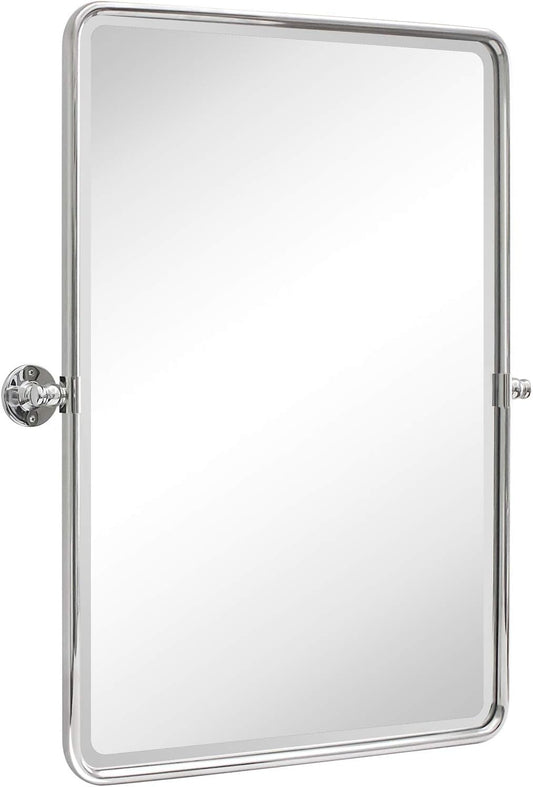 TEHOME 27 x 35'' Farmhouse Chrome Metal Framed Pivot Rectangle Bathroom Mirror Tilting Beveled Vanity Mirrors for Wall