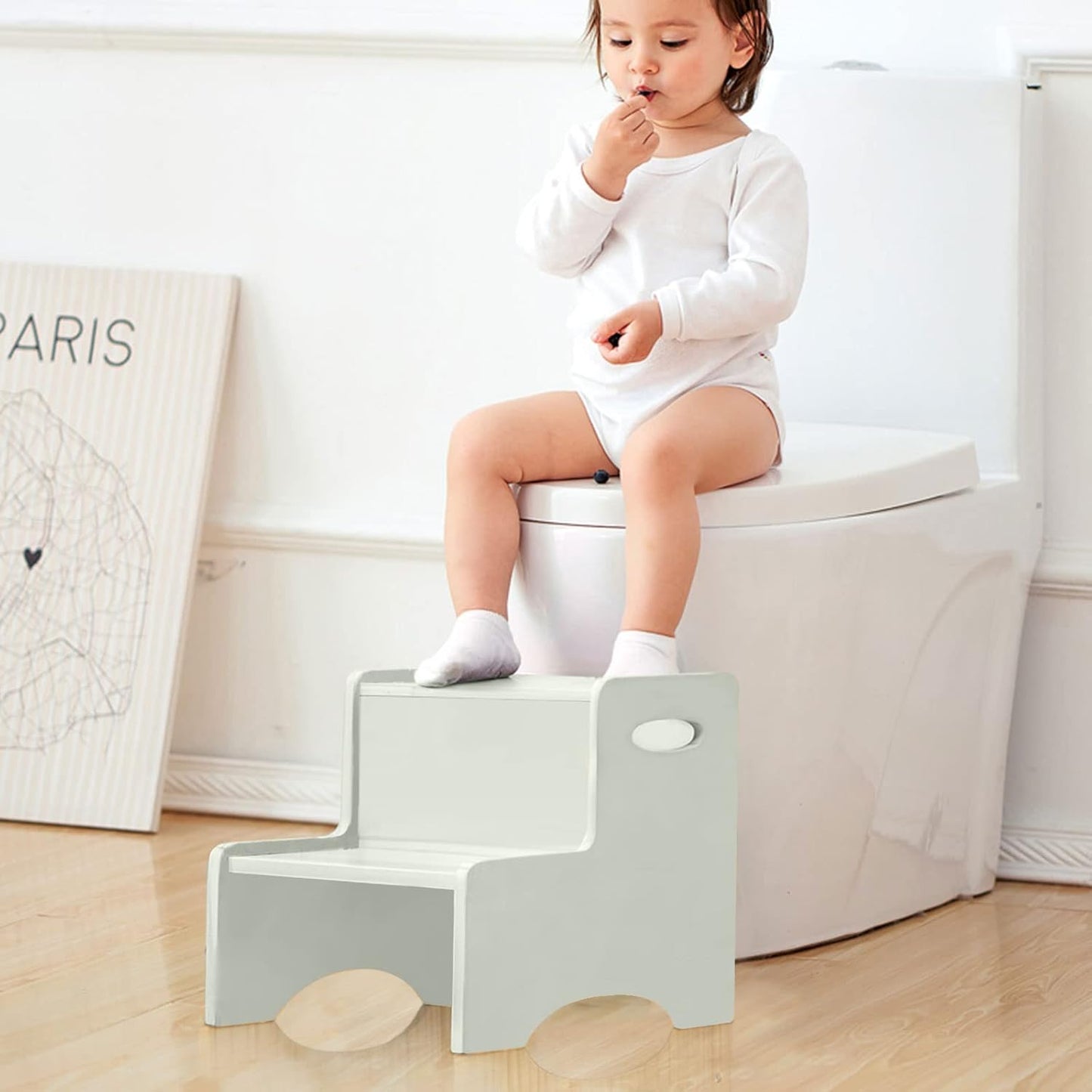 WOOD CITY Wooden Toddler Step Stool for Kids, Grey Two Step Children's Stool with Handles, Bonus Non-Slip Pads for Safety, Bathroom Potty Stool & Kitchen Step Stools Dual Height…