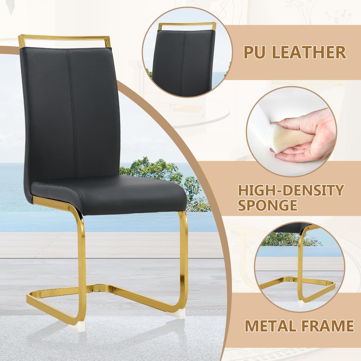 Dining Chairs Set of 8, Faux Leather with Plated Chrome Metal Frame, Modern Kitchen Chairs with Padded Seat High Back for Dining Room, Kitchen, Living Room