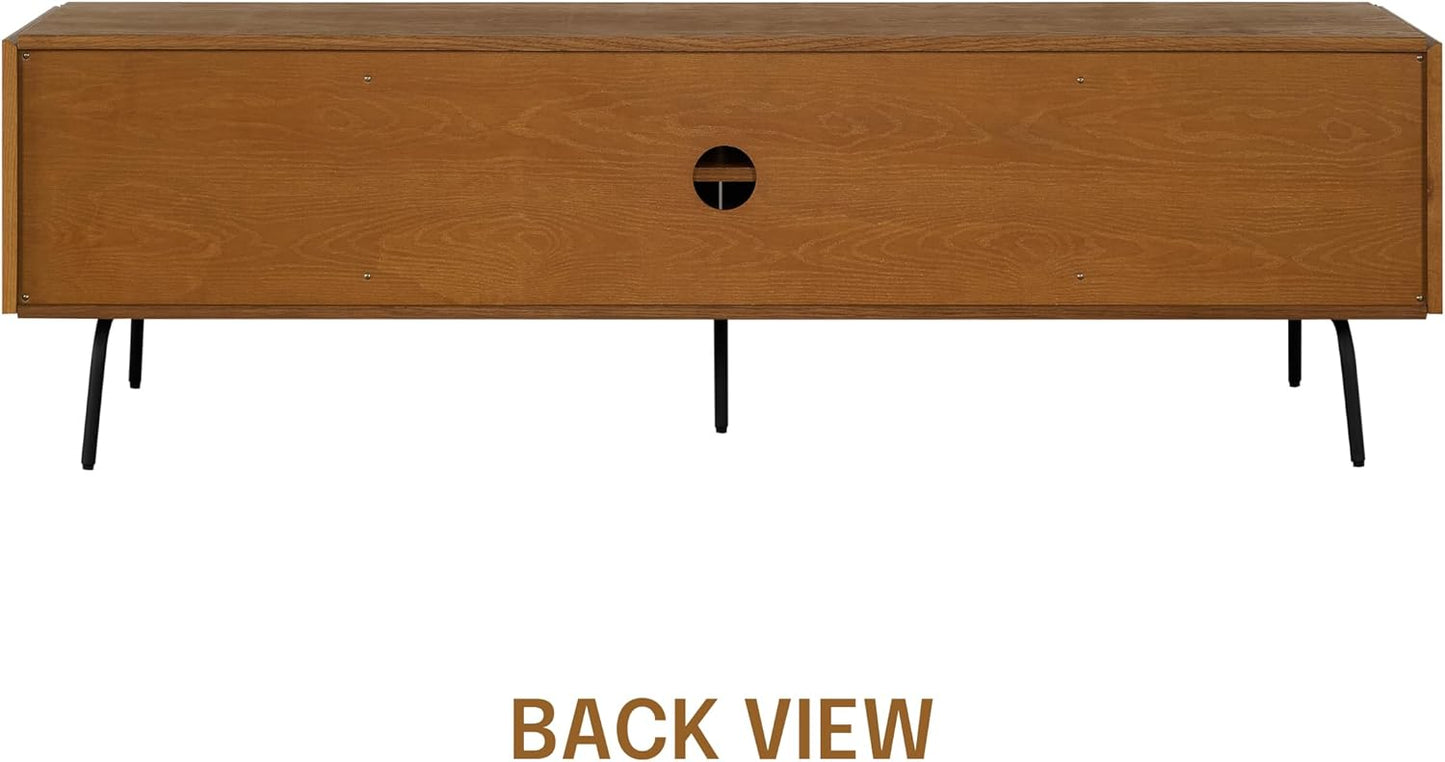 NTC Mossic TV Media Cabinet with 4 Doors for TVs, Entertainment Center with Natural Rattan, Metal Legs, Modern Storage Console for Living Room and Bedroom, Effortless Assembly, Rustic Oak