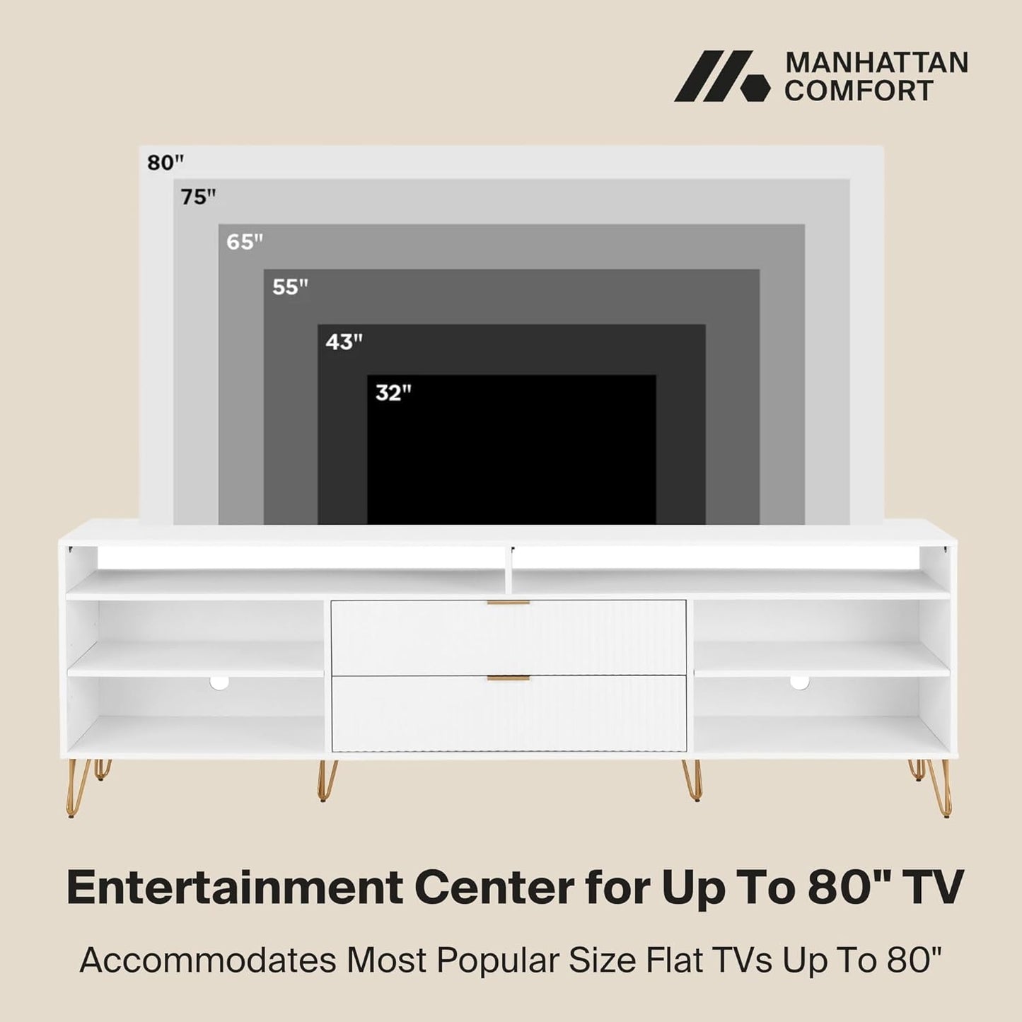 Manhattan Comfort Dumbo Mid Century Modern TV Stand for Televisions up to 80 Inches, Home Entertainment Center with Storage, 6 Shelves, 2 Drawers, No Tool Assembly, 85" Wide, White