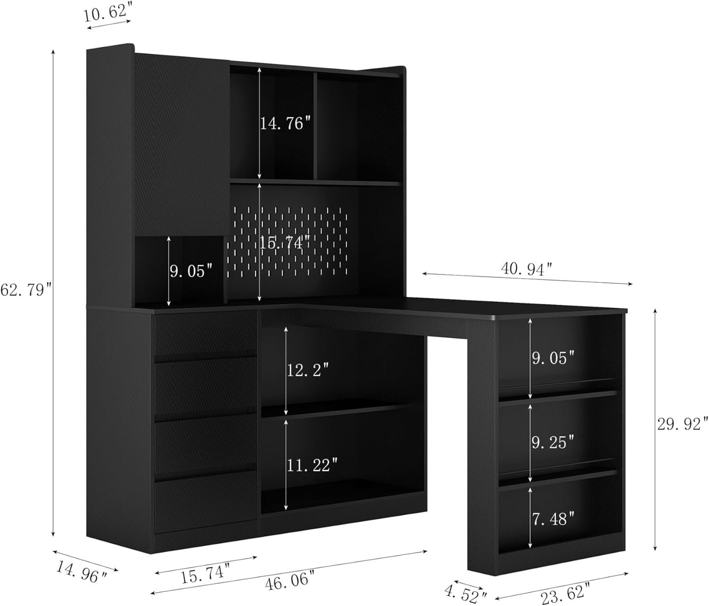 KEIKI L Shaped Home Office Desks with LED Light, Pegboard, Hutch, Drawers, Bookshelf & Storage Shelves, Modern Wooden Gaming Computer Corner Table for Work, Study, Writing