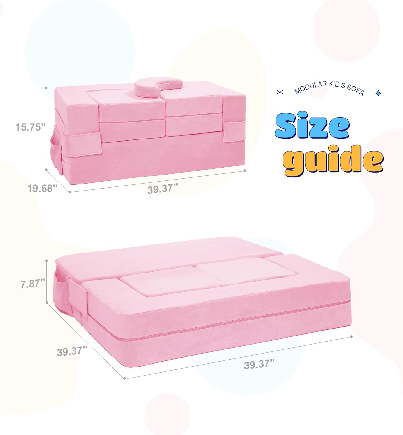 Modular Kids Sofa,Toddler Couch Foam Armchair for Kids, Children Convertible Plush Sofa Play Set,Fold Out SofaBed(Pink)