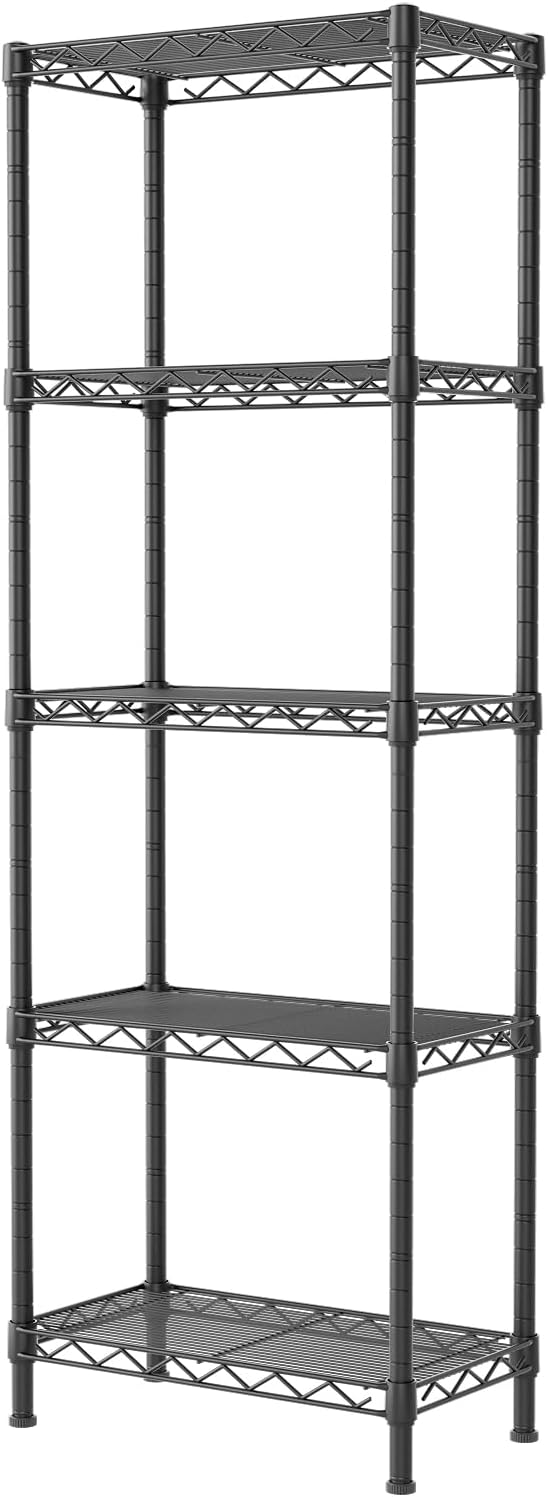 SINGAYE 5 Tier Shelf Wire Shelving Adjustable Storage Shelves Rack Standing Units for Kitchen Closet Laundry Bathroom Organizers Metal Pantry Narrow Mesh Gaps 10" D x 16" W x 55" H Black