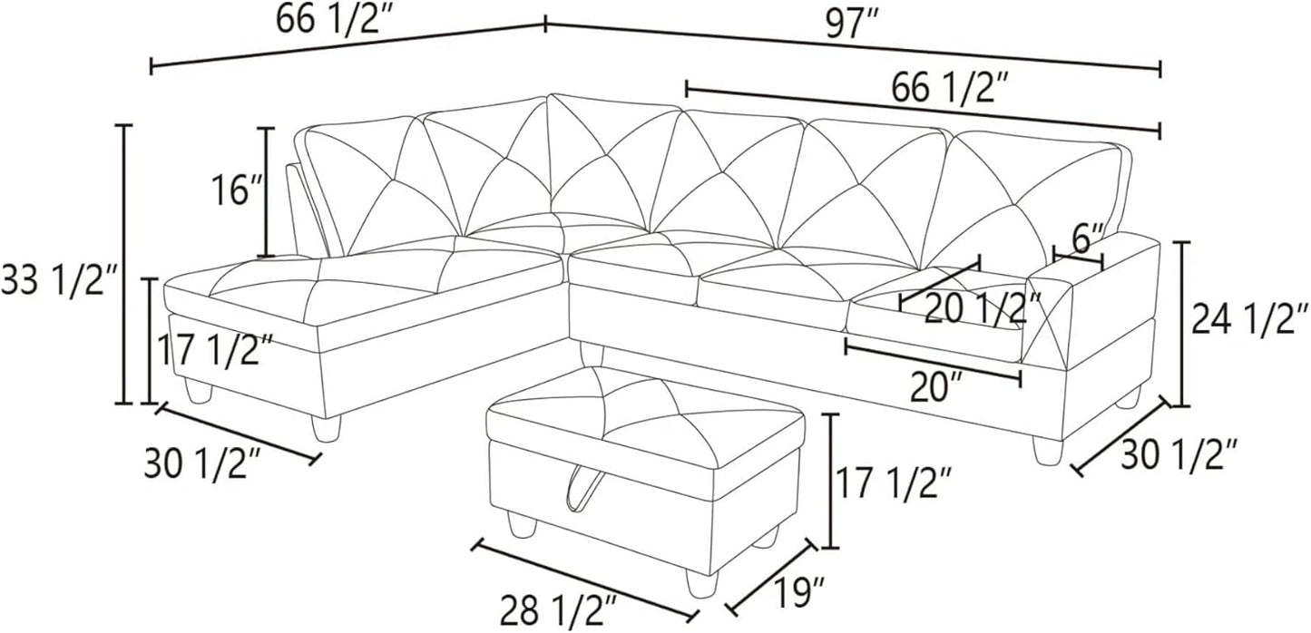 L-Shaped Sectional Sofa with Ottoman, Right-Facing Modern Microfiber Couch for Living Room, Bedroom, Office, Espresso