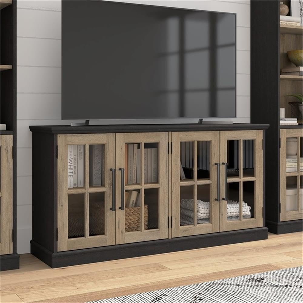 Bush Furniture Westbrook 60W TV Stand for 75 Inch TV in Vintage Black/Restored Tan Hickory | Living Room Entertainment Center with Storage
