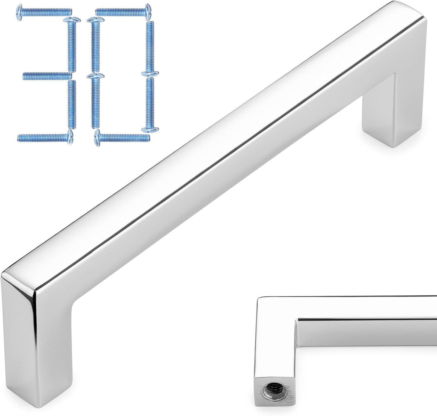 KOOFIZO 30-Pack Solid Square Bar Cabinet Handle - Chrome Furniture Pull, 3.8 Inch/96mm Screwhole Distance for Kitchen Cupboard Door, Bedroom Dresser Drawer, Bathroom Wardrobe Hardware