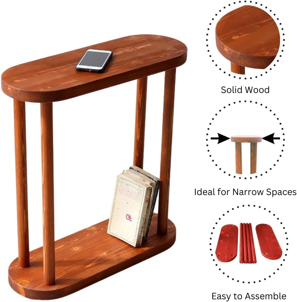 Oval Solid Wood Narrow Side Table, Slim End Table, Small Coffee Table (Chestnut, Large)
