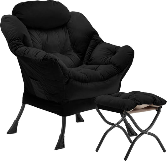 Lazy Chair with Folding Ottoman, Accent Chair Velvet Upholstered with Metal Structure and Non-Slip Pads, Sofa Armchair with Footrest and Side Storage Bag for Dorm, Room, Office, Black