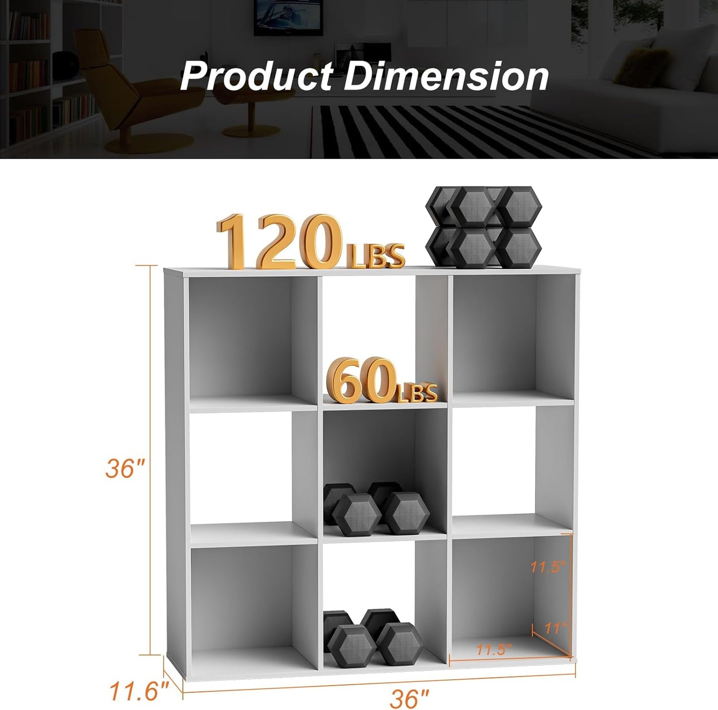 Sweetcrispy 9 Cube Storage Organizer - Open Cube Bookshelf with 5 Removable Back Panels, Display Storage Bookcase for Living Room, Bedroom, Entrance Hall, Home Office，36" L×11.6" W×36" H, White