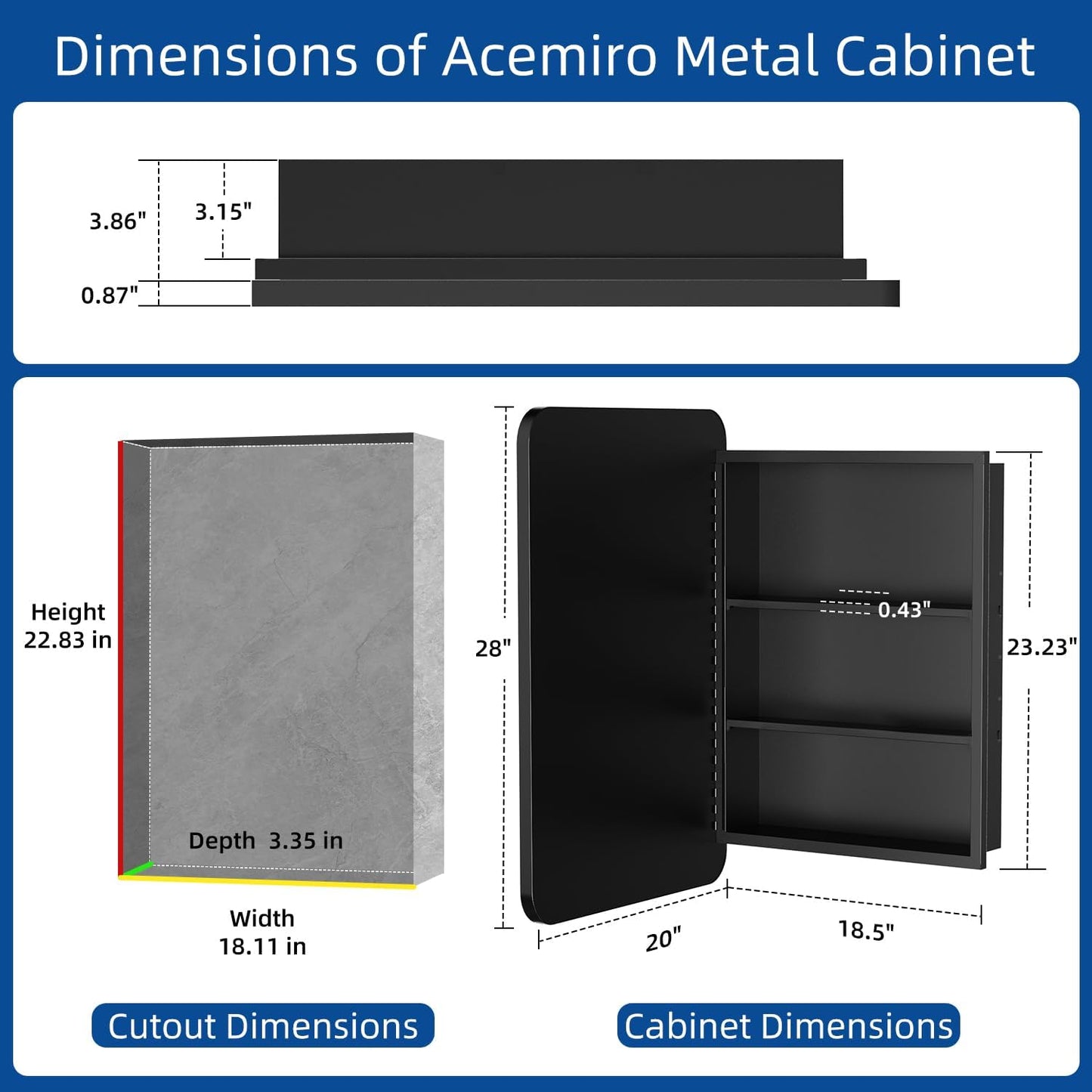 20x28 Inch Black Recessed Bathroom Medicine Cabinet with Mirror Metal Framed Farmhouse Surface Wall Mounted Mirrored Bathroom Medicine Cabinets