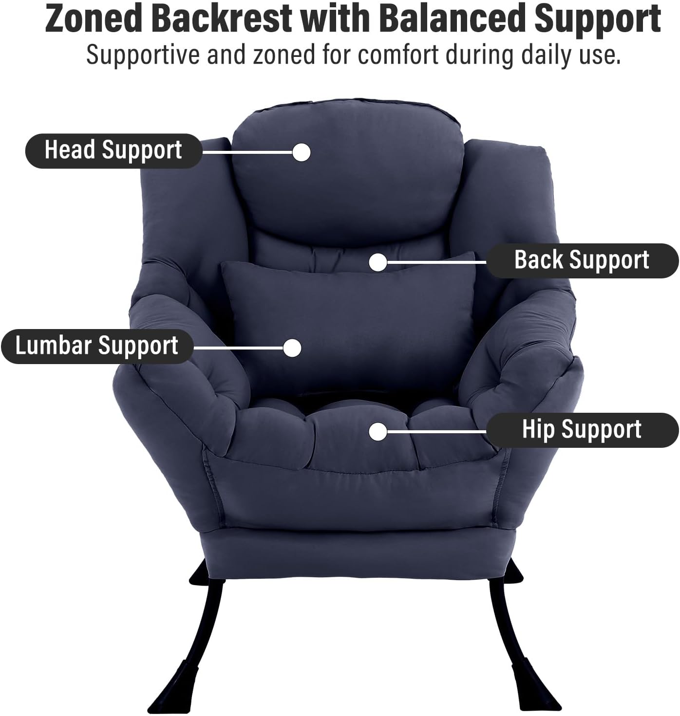 Lazy Chair with Ottoman, Modern Accent Chair with Lumbar Pillow, Comfy Chairs with Folding Footrest for Bedroom, Reading, Oversized Supportive Lounge Chairs(Navy Blue)