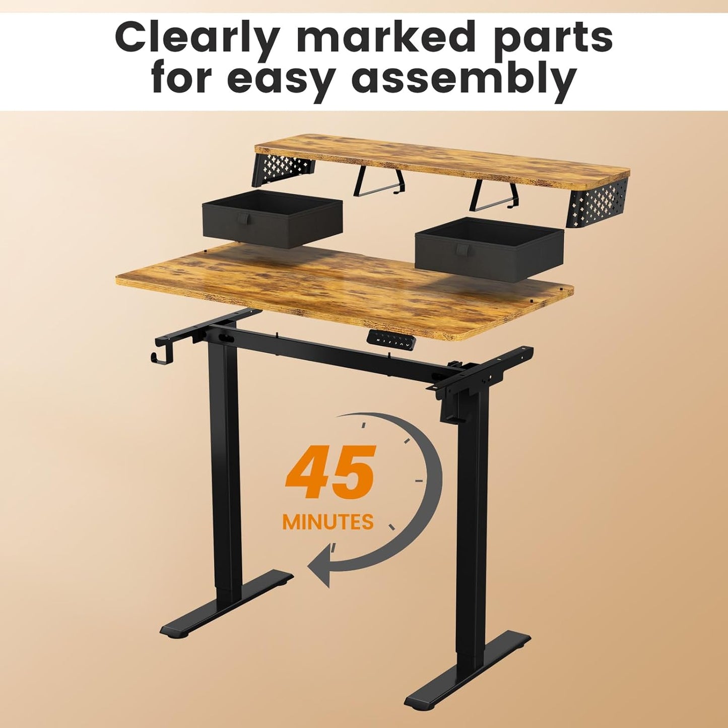 Small Standing Desk With Drawers and Brushless Motor,Electric Sit Stand Desk for Walking Pad,Ergonomic Stand Up Desk for Home Office & Gaming,3 Memory Height Preset & Hooks(35" x 20", Rustic Brown）