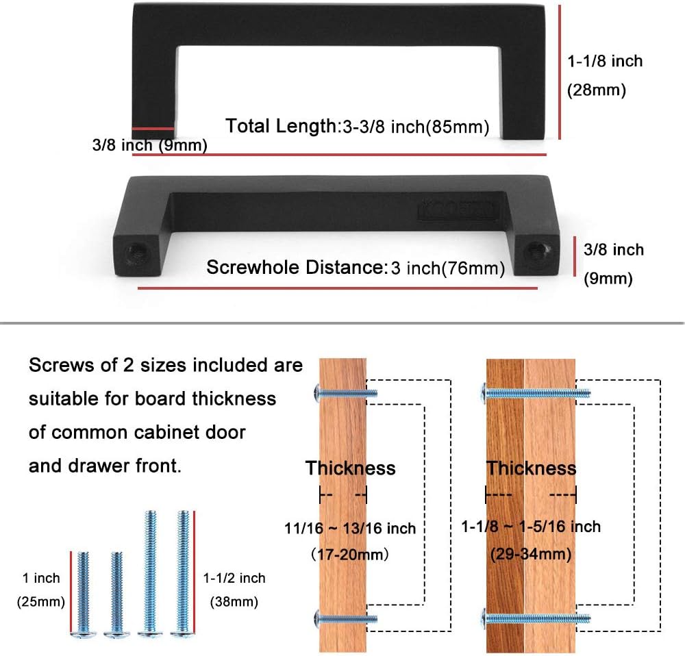 KOOFIZO 30-Pack Solid Square Bar Cabinet Handle - Black Furniture Pull, 3 Inch/76mm Screwhole Distance for Kitchen Cupboard Door, Bedroom Dresser Drawer, Bathroom Wardrobe Hardware