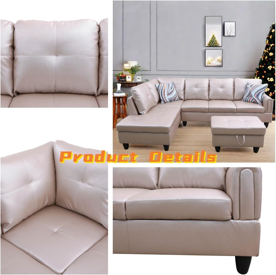 L Shaped Sectional Couch with Otttoman, 97" Leather Sectional Sofa for Living Room Modular Couches with Cup Holders for Bedroom, Apartments, Latte