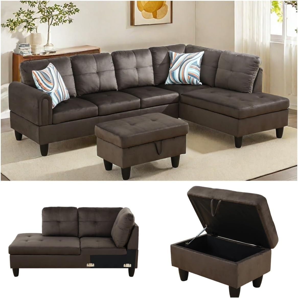 NAYSAYE Sectional Couch with Ottoman Storage, L Shaped Couch Sofa Furniture Sets, Modern Comfy Modular Comfy Sofa for Living Room Bedroom, Office and Apartment, Brown