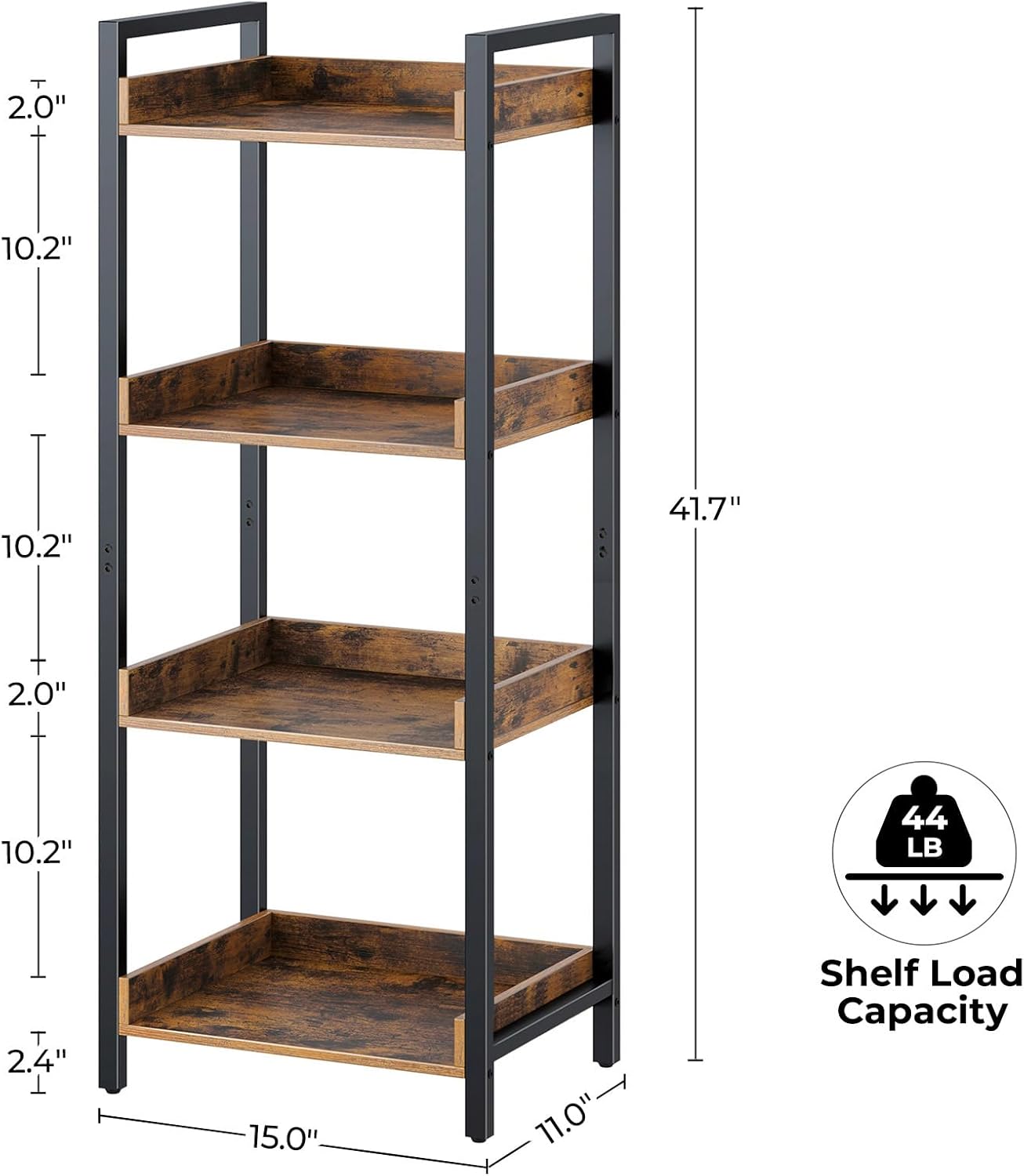 Rolanstar Bookshelf, 4-Tier Storage Rack, Narrow Corner Bookshelf, Display Wooden Shelves for Living Room, Bathroom, Balcony, Kitchen,Rustic Brown