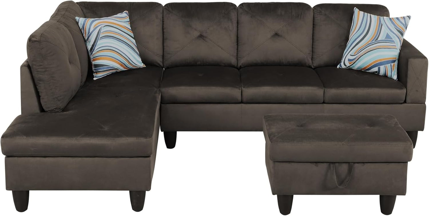 Grey L-Shaped 3-Piece Flannel Sofa with Storage Ottoman Set, Sectional Couch Sofa Set for Living Room, Office, Small Space