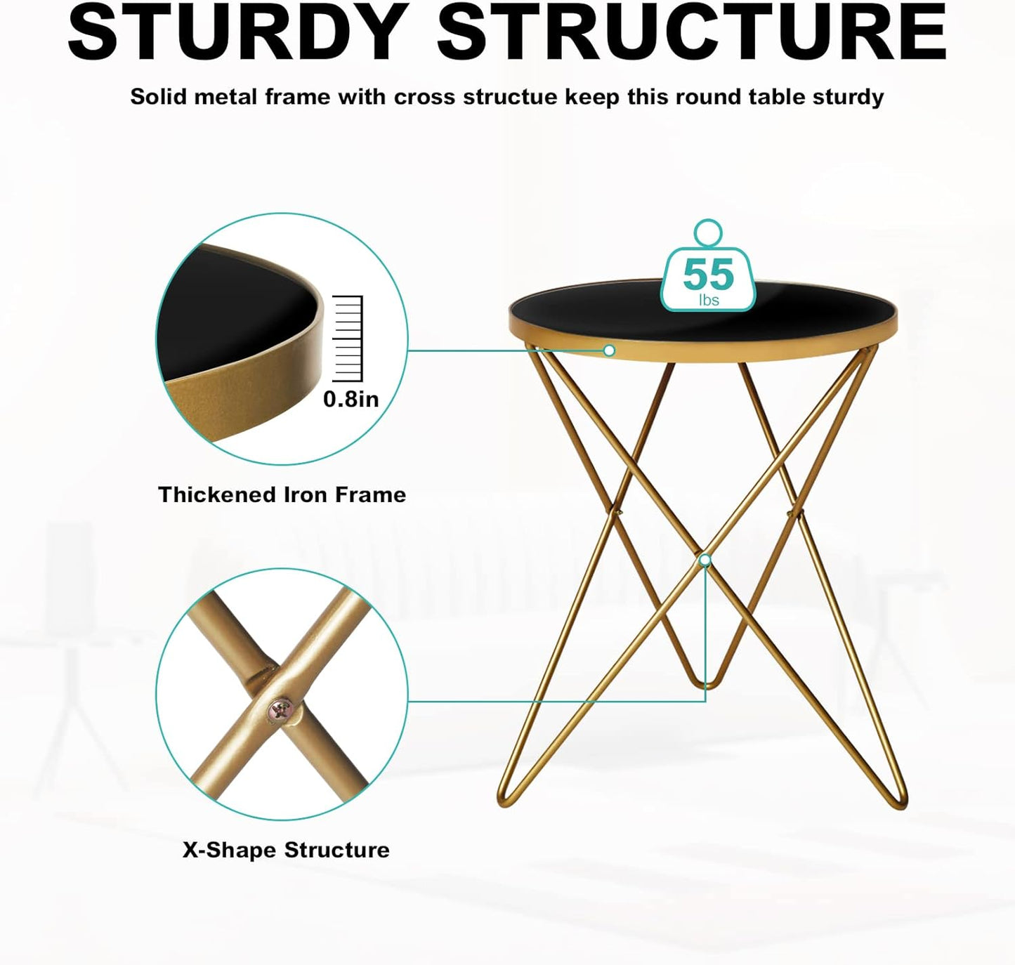 HLR Modern Round Side Table, End Table with Marble Effect Top and Gold Metal Frame, Small Side Table for Living Room, Bedroom, Sofa and Couch, Gold Legs, Black Glass top